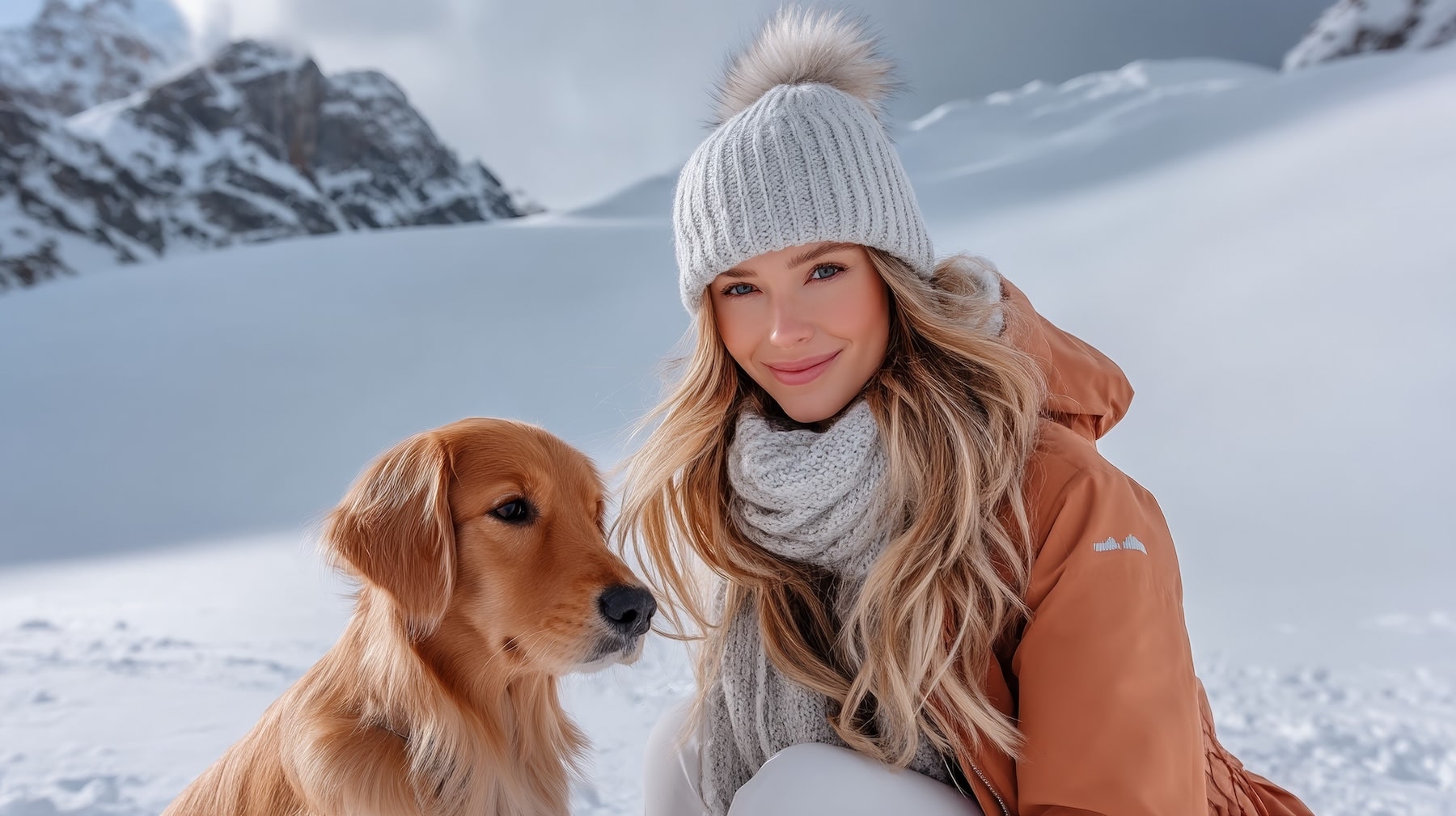 snowboarder woman with a dog