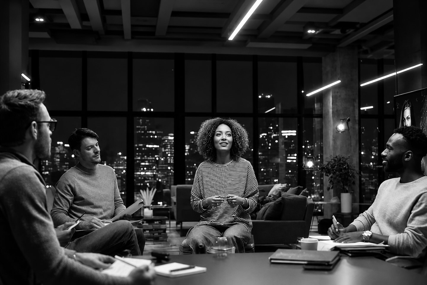 Team working in an office watching at a presentation