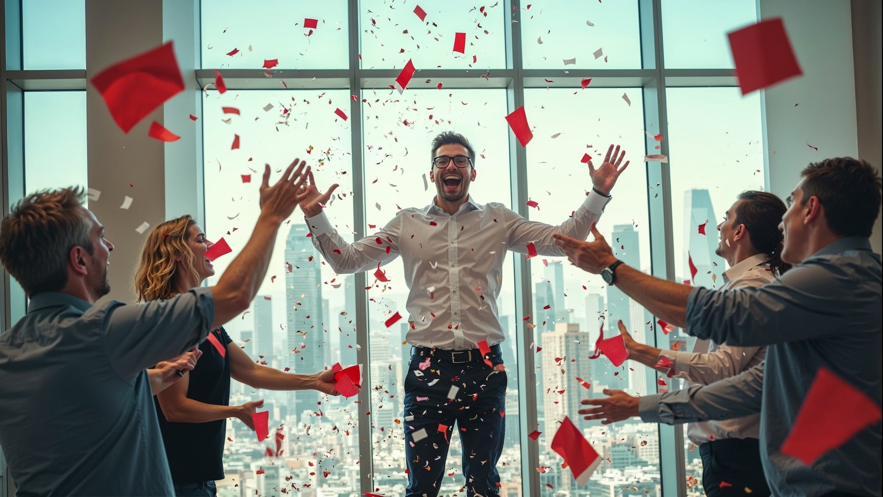 People celebrating, red stickers floating in the air